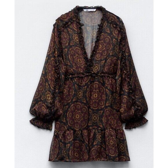 NWT ZARA Black Floral Ruffled Mini Skater Dress Metallic Striping Sz Medium - Picture 2 of 9